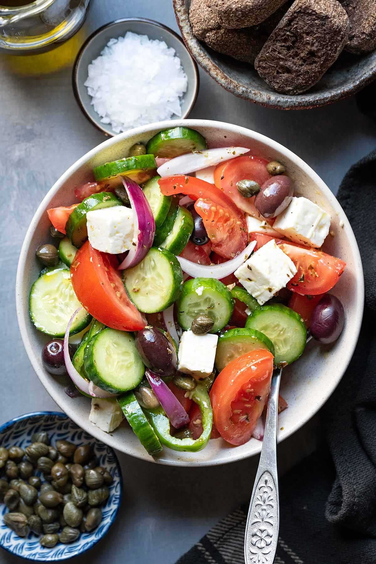 Traditional Greek salad with feta, tomatoes, and olives