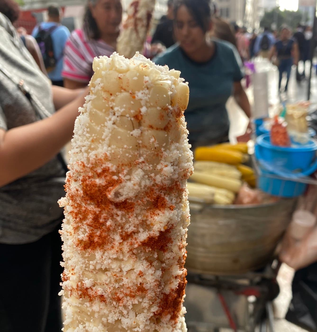 Elote street corn coated with cheese and chile at a Mexico City street stall
