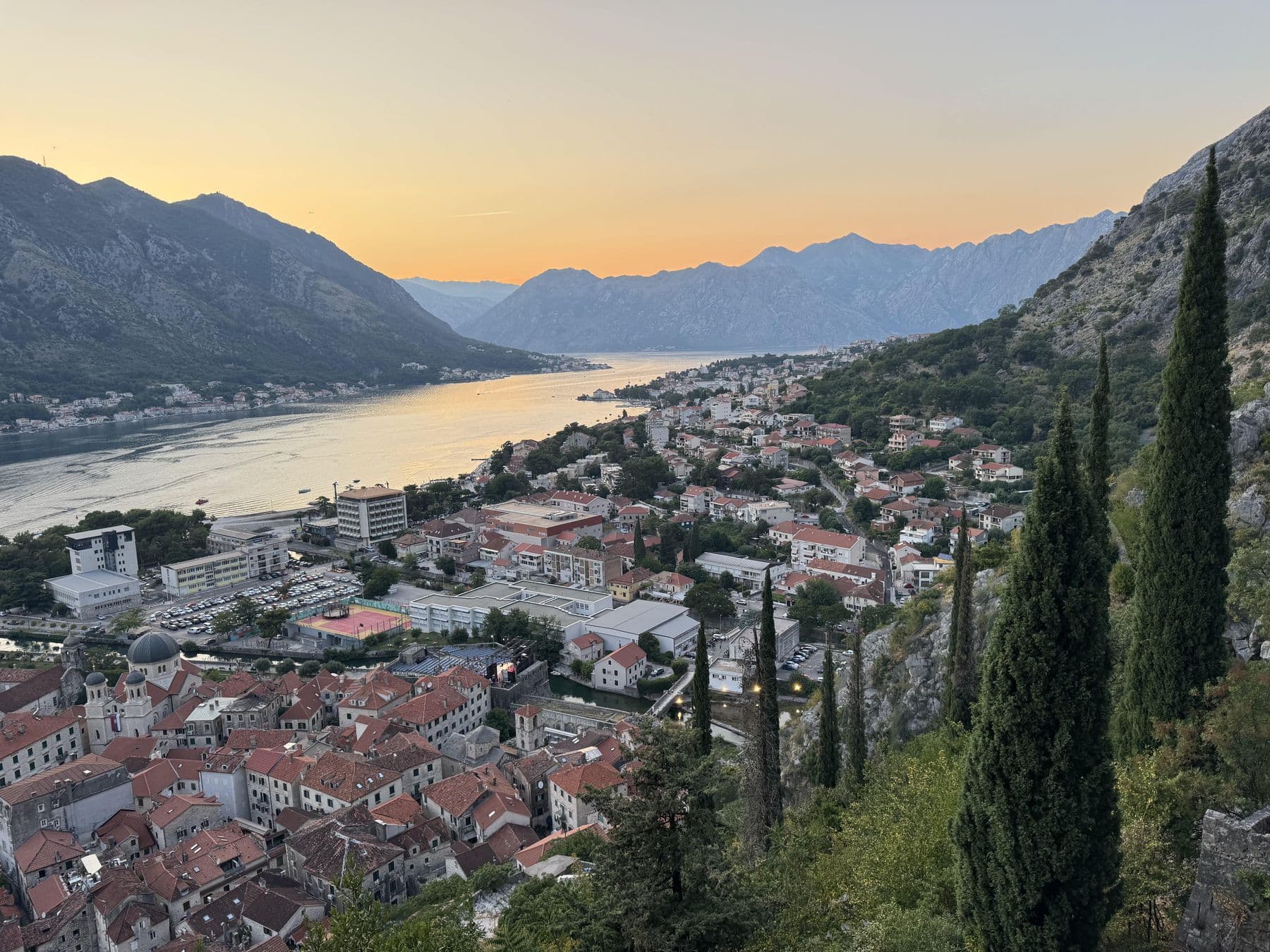 Sunset view over Kotor and the Bay of Kotor framed by mountains