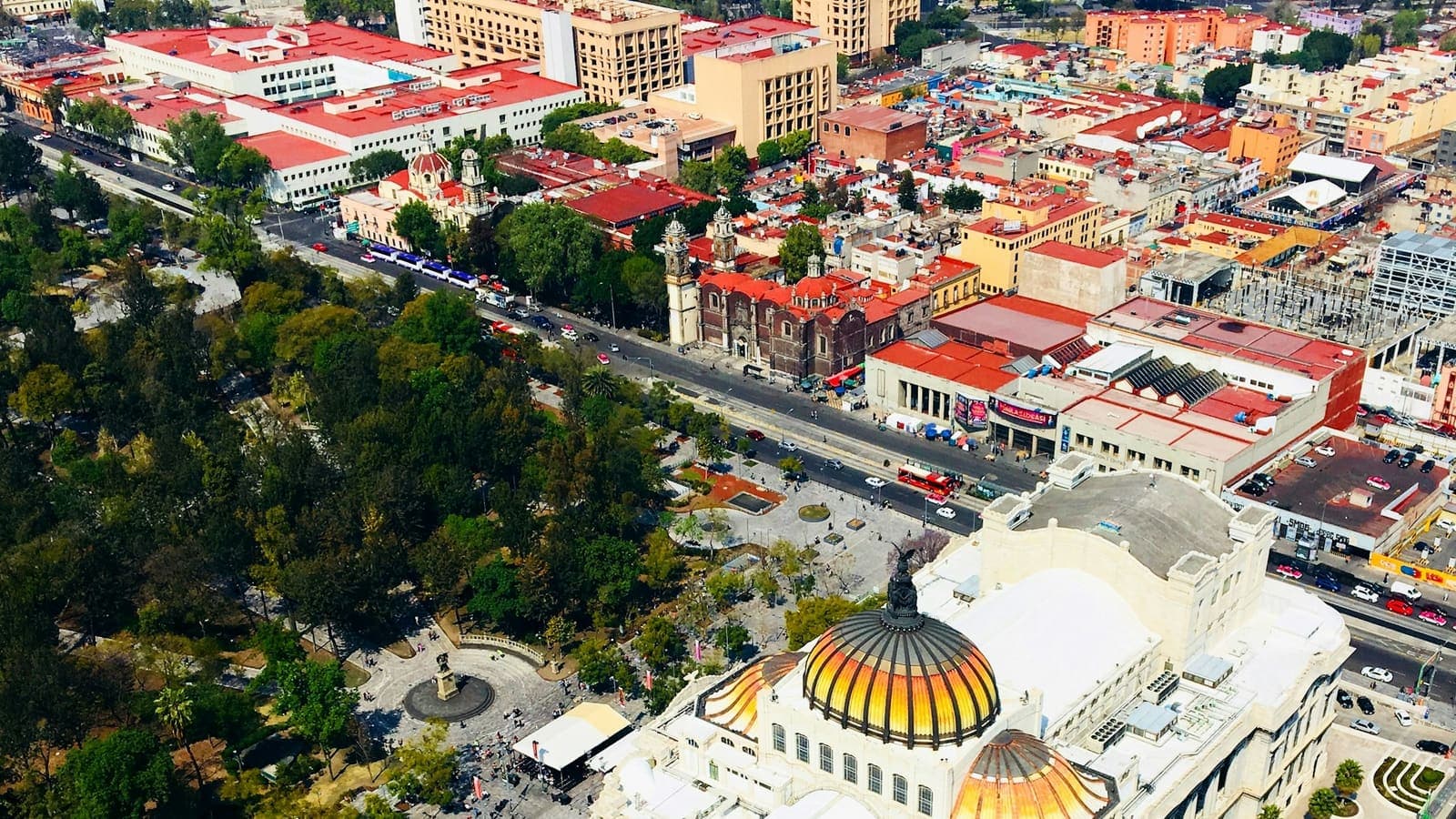 Aerial view of Palacio de Bellas Artes and surrounding streets in Mexico City