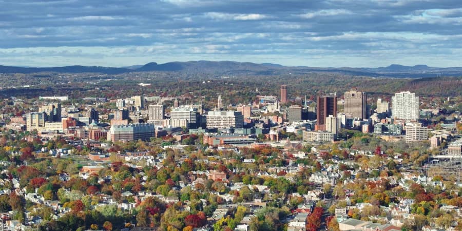 New Haven skyline with Yale University in the city