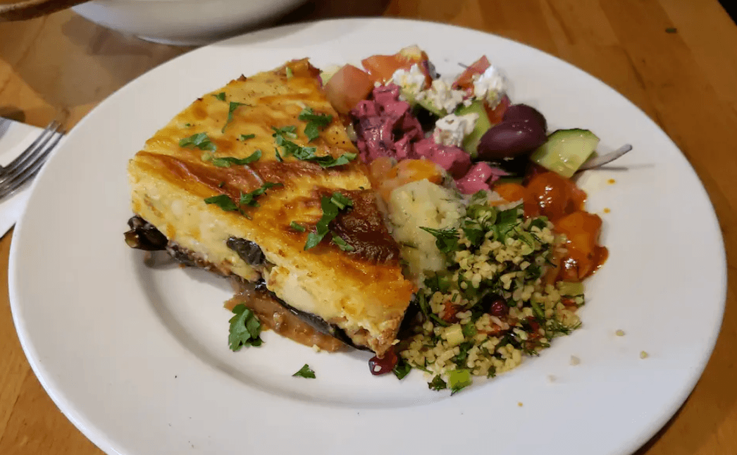 Traditional Greek moussaka served in a baking dish