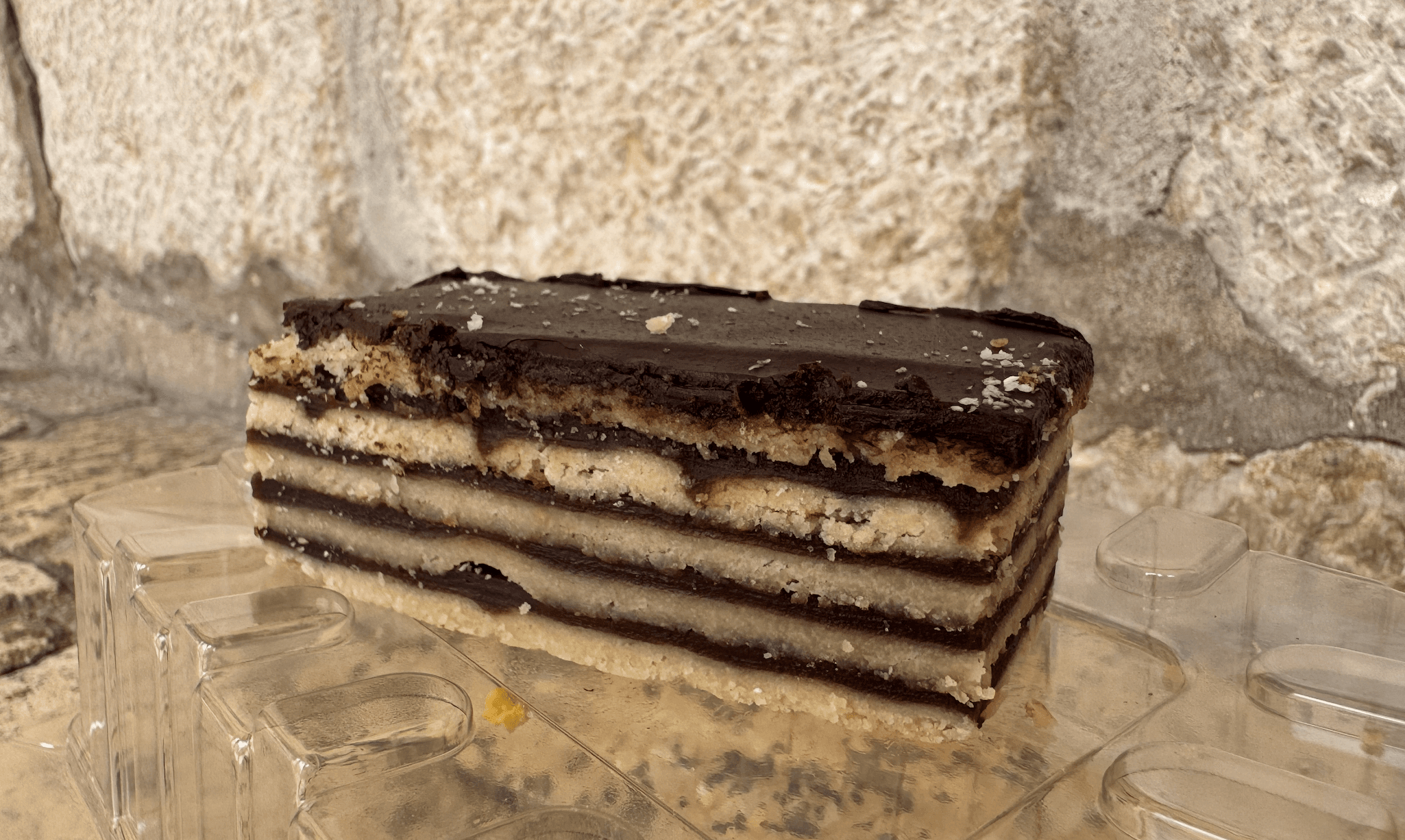 Layered Madarica chocolate slice on a tray