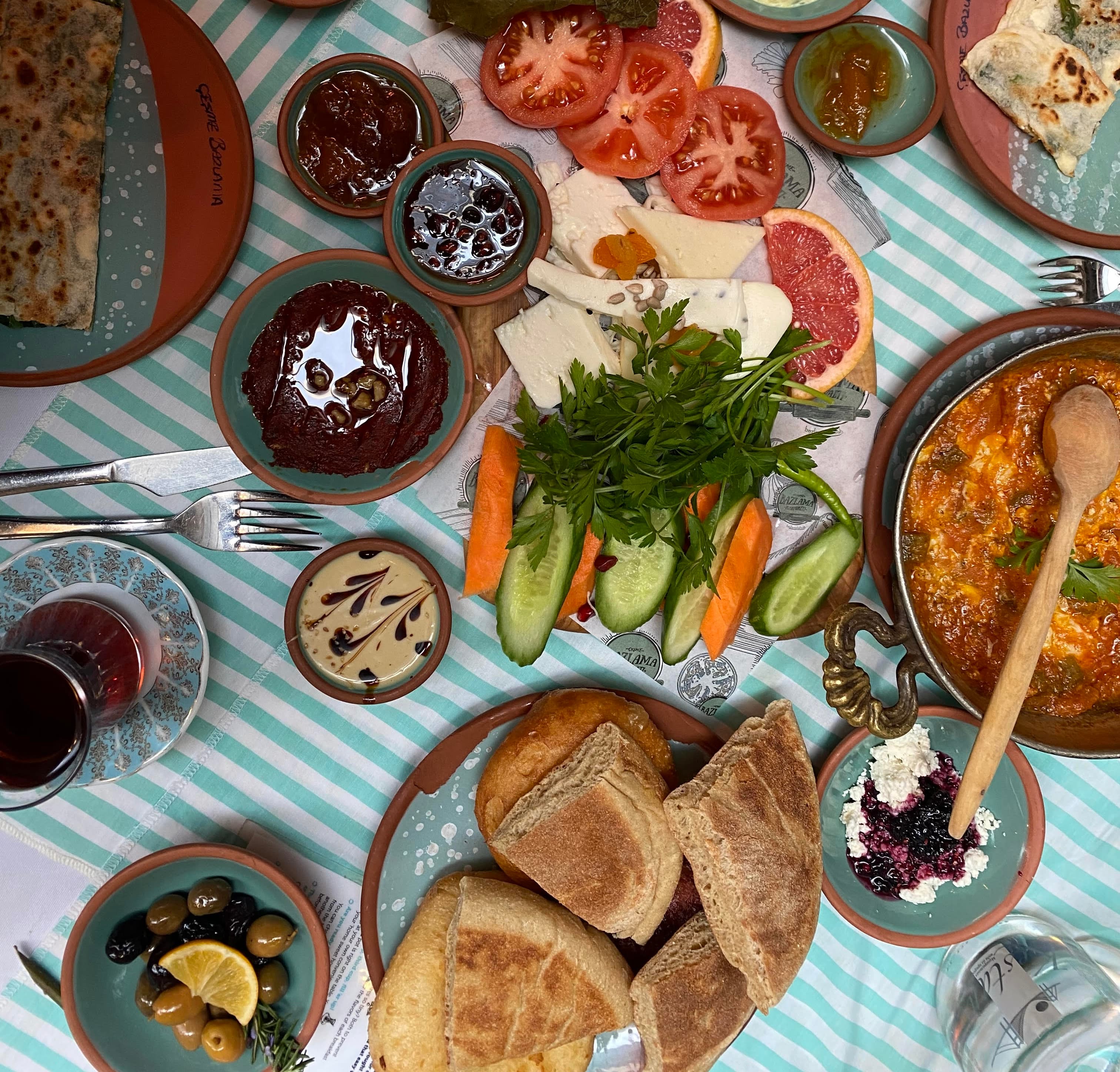 Large Turkish breakfast spread with many small plates