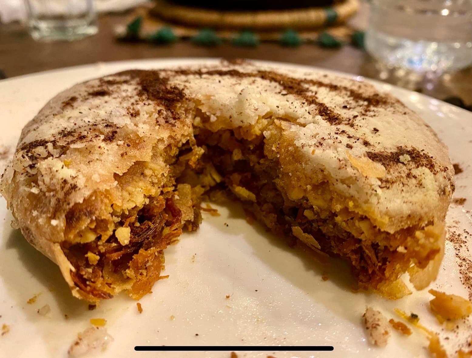 Marrakesh pastilla cut open to show its sweet-savory filling