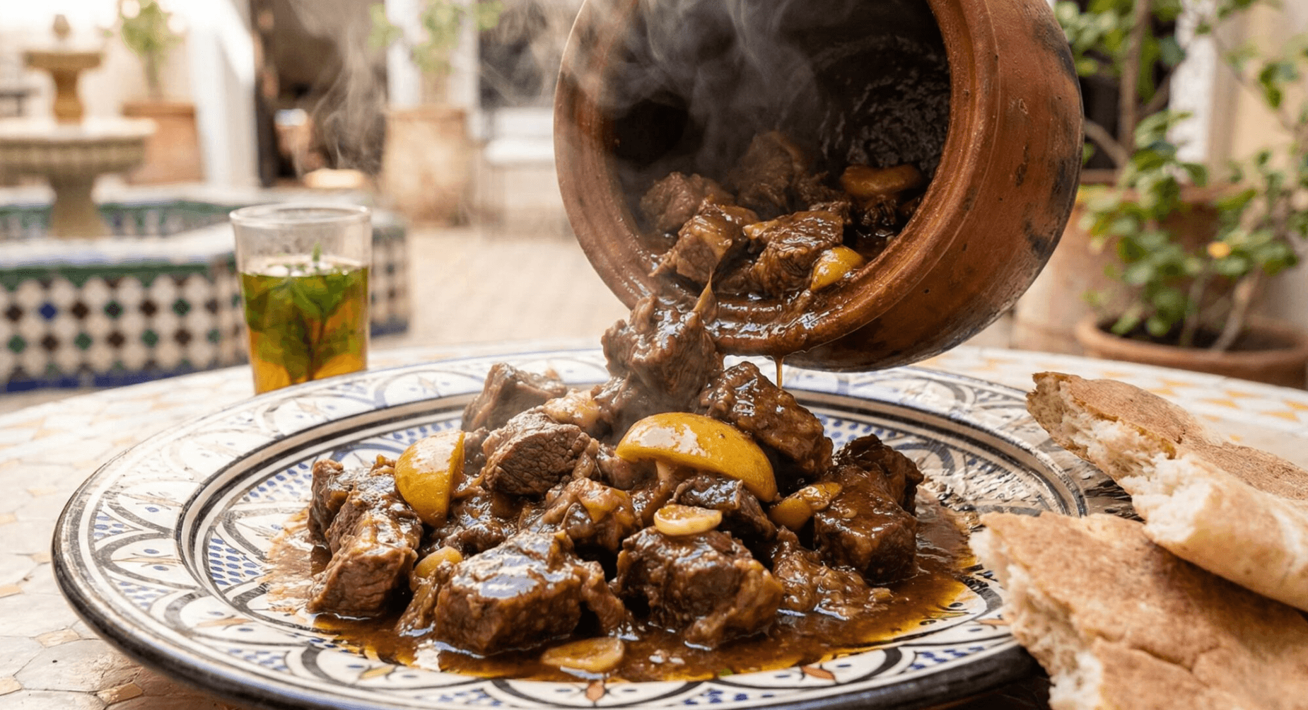 Tanjia Marrakchia served from a clay vessel onto a patterned plate