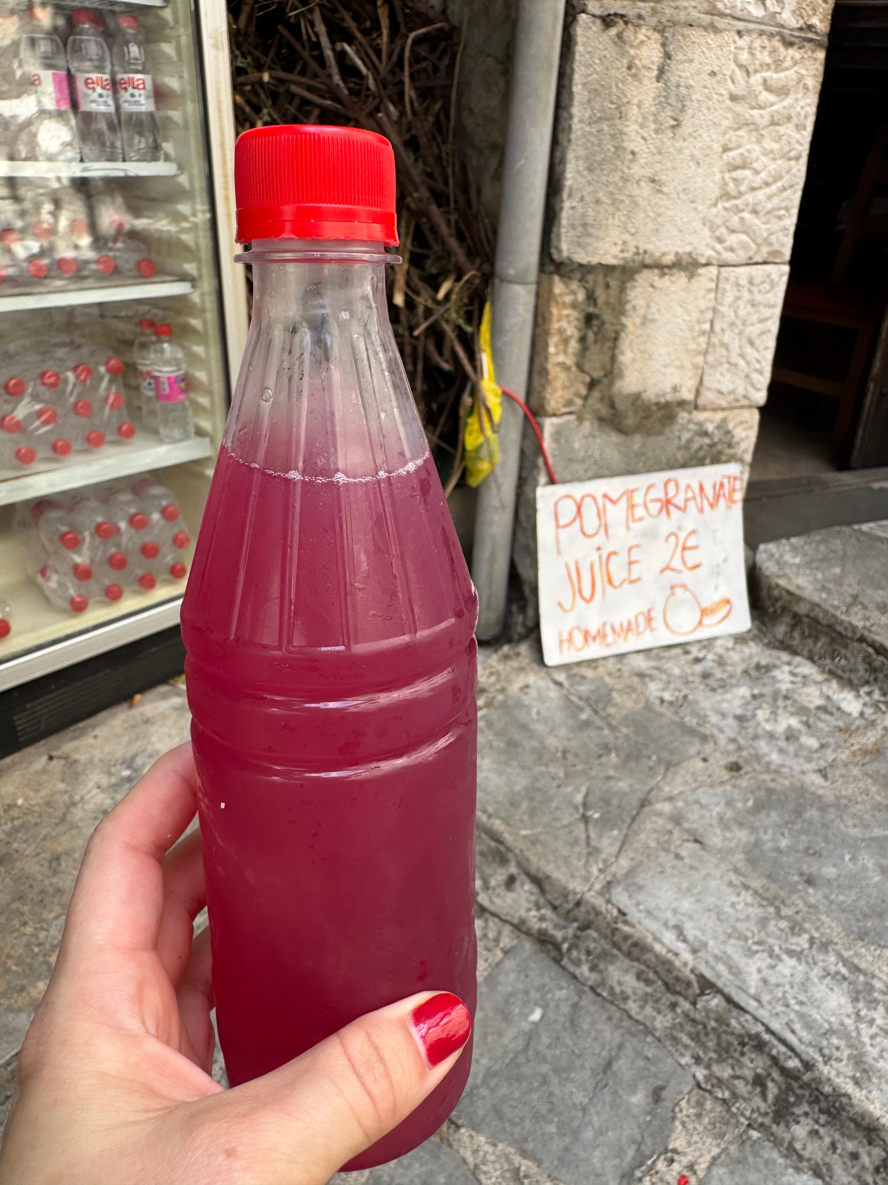 Bottle of fresh pomegranate juice sold in Mostar