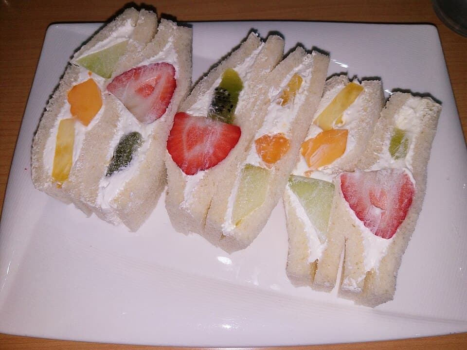 Japanese fruit sandwiches with cream and strawberries