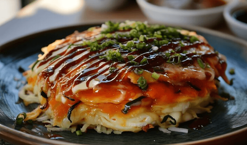 Okonomiyaki topped with sauce, mayonnaise, bonito flakes, and seaweed
