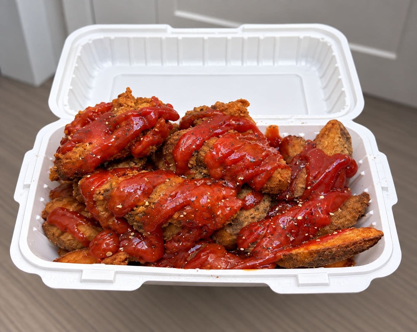 Baltimore chicken box with fried chicken and fries topped with sauce