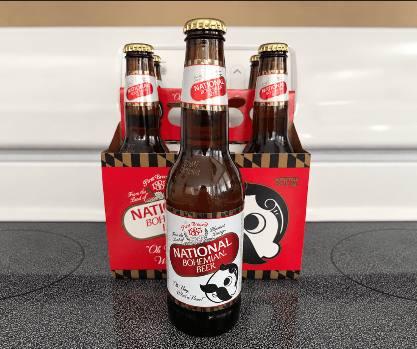 National Bohemian beer bottle and glass