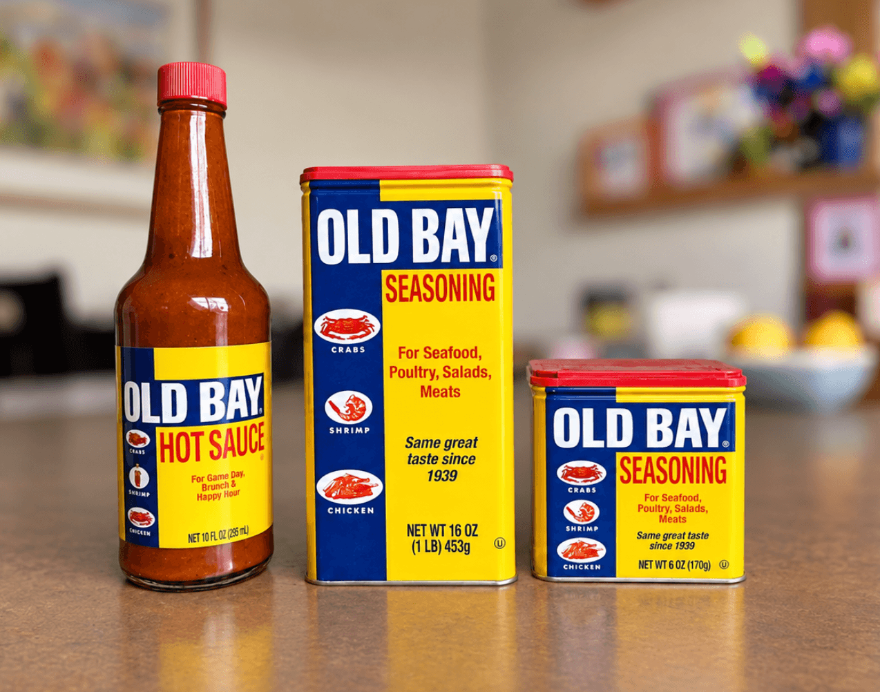 Old Bay Seasoning tins and hot sauce