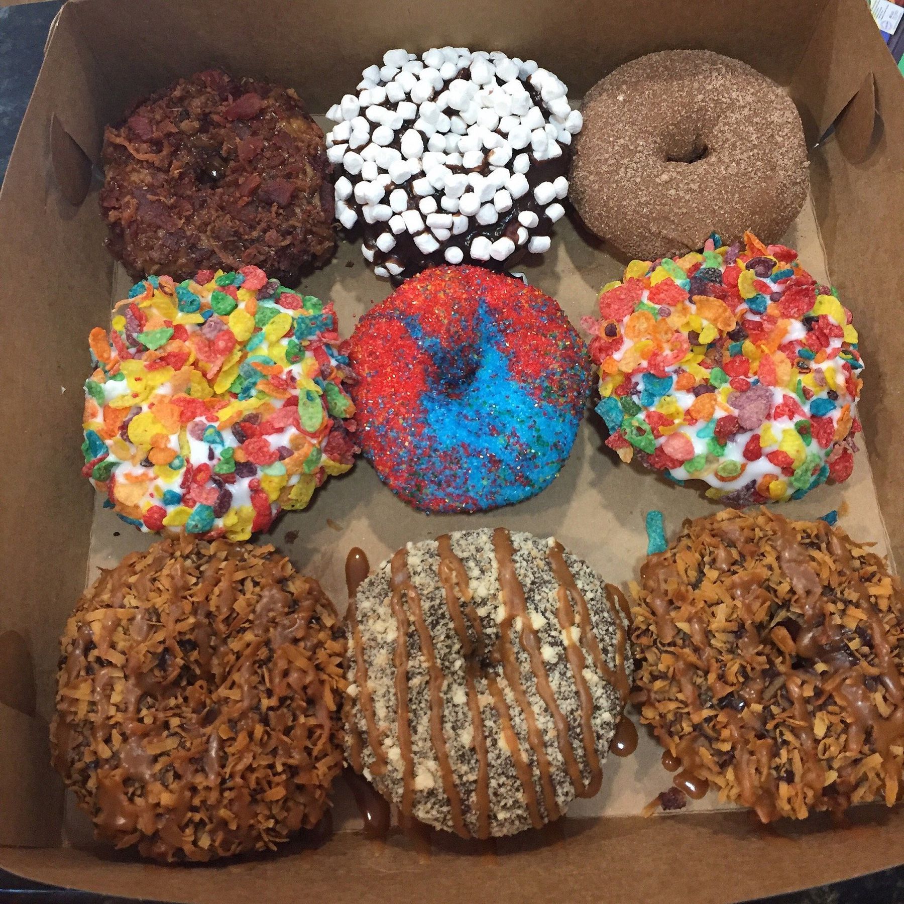Box of colorful specialty donuts at the Jersey Shore