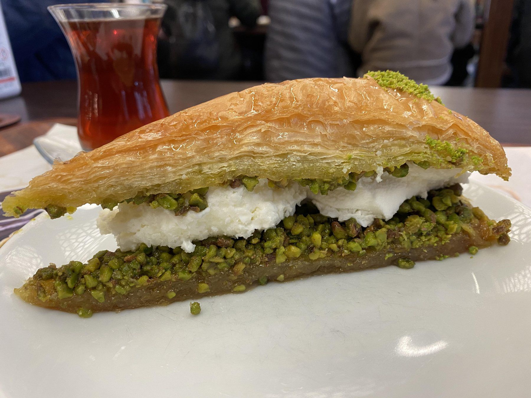 Pistachio baklava pieces on a plate