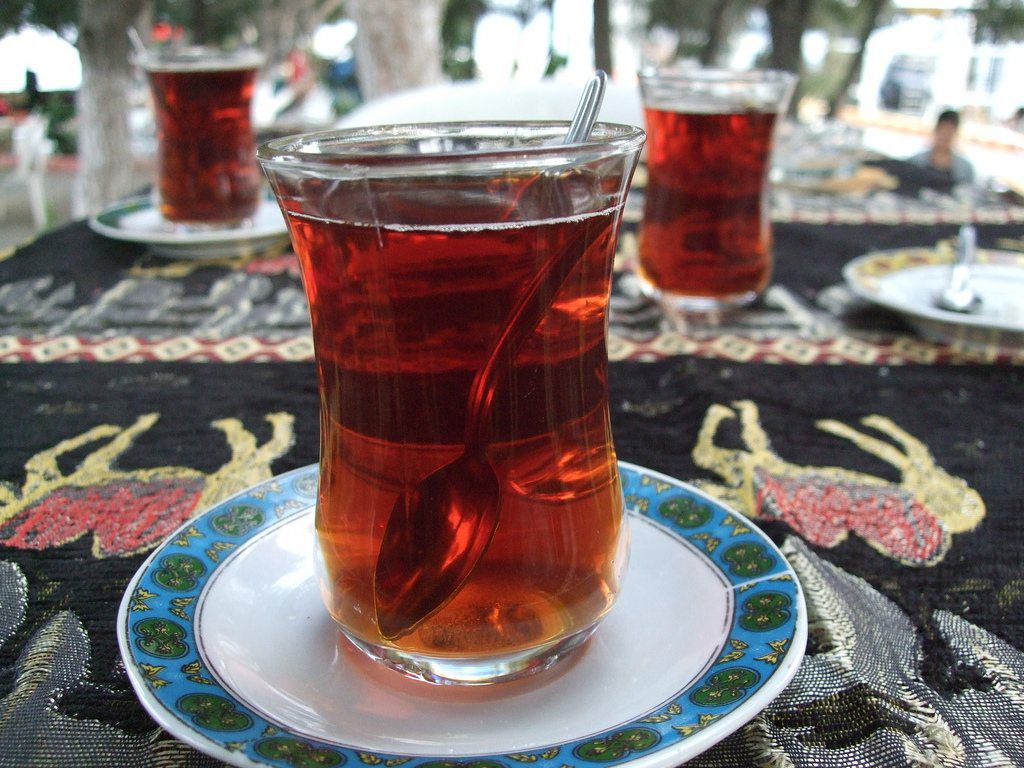 Traditional Turkish tea in a tulip-shaped glass