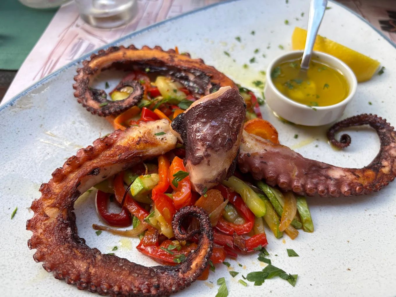 Grilled octopus tentacles served with vegetables and lemon in Kotor