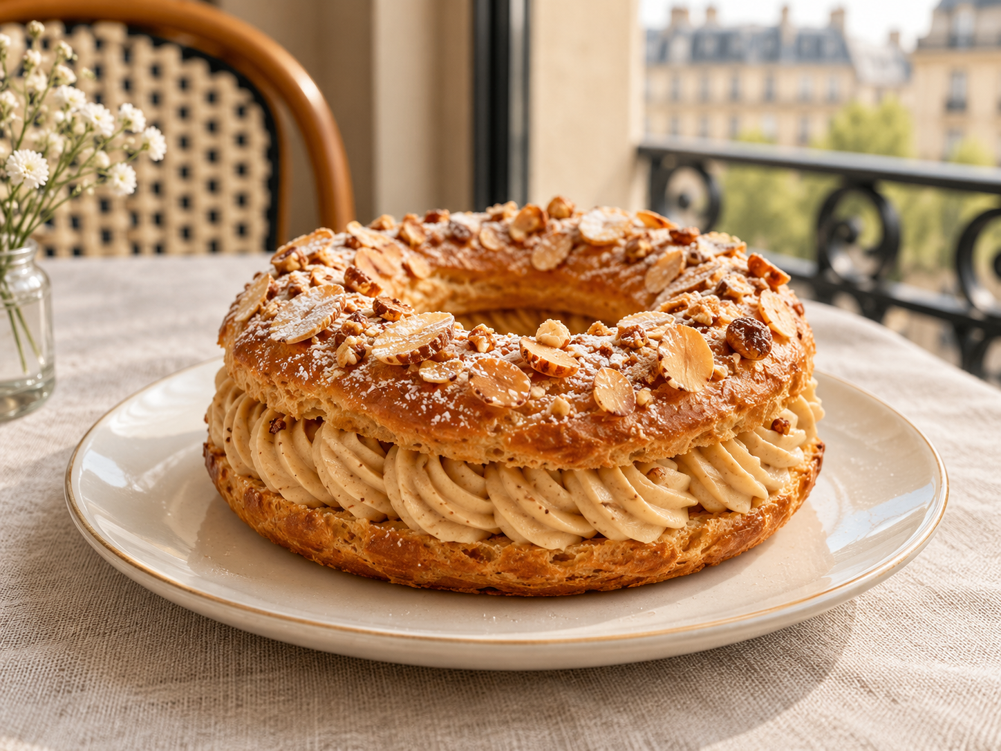 Paris-Brest pastry filled with praline cream and topped with almonds