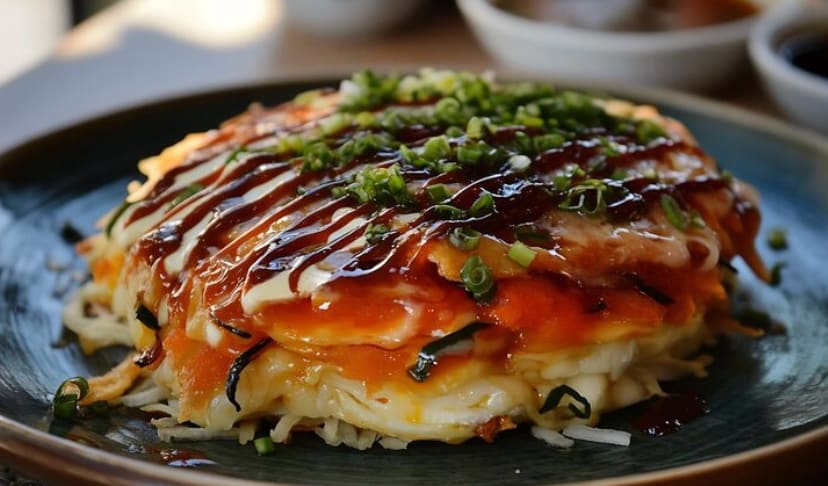 Okonomiyaki topped with sauce, mayonnaise, bonito flakes, and seaweed